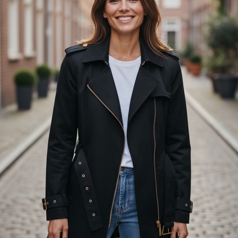 Michael Kors Black Trench Coat with Gold Accents